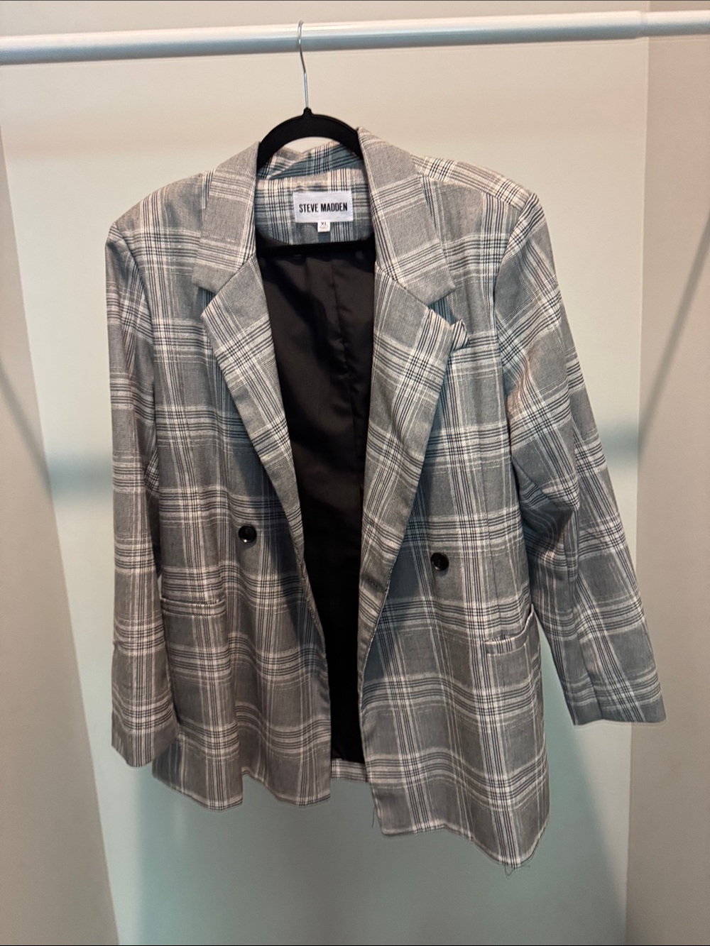 Steve Madden Oversized Gray Plaid Double-Breasted Blazer Jacket